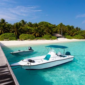 An image of a boat dock at a beach.