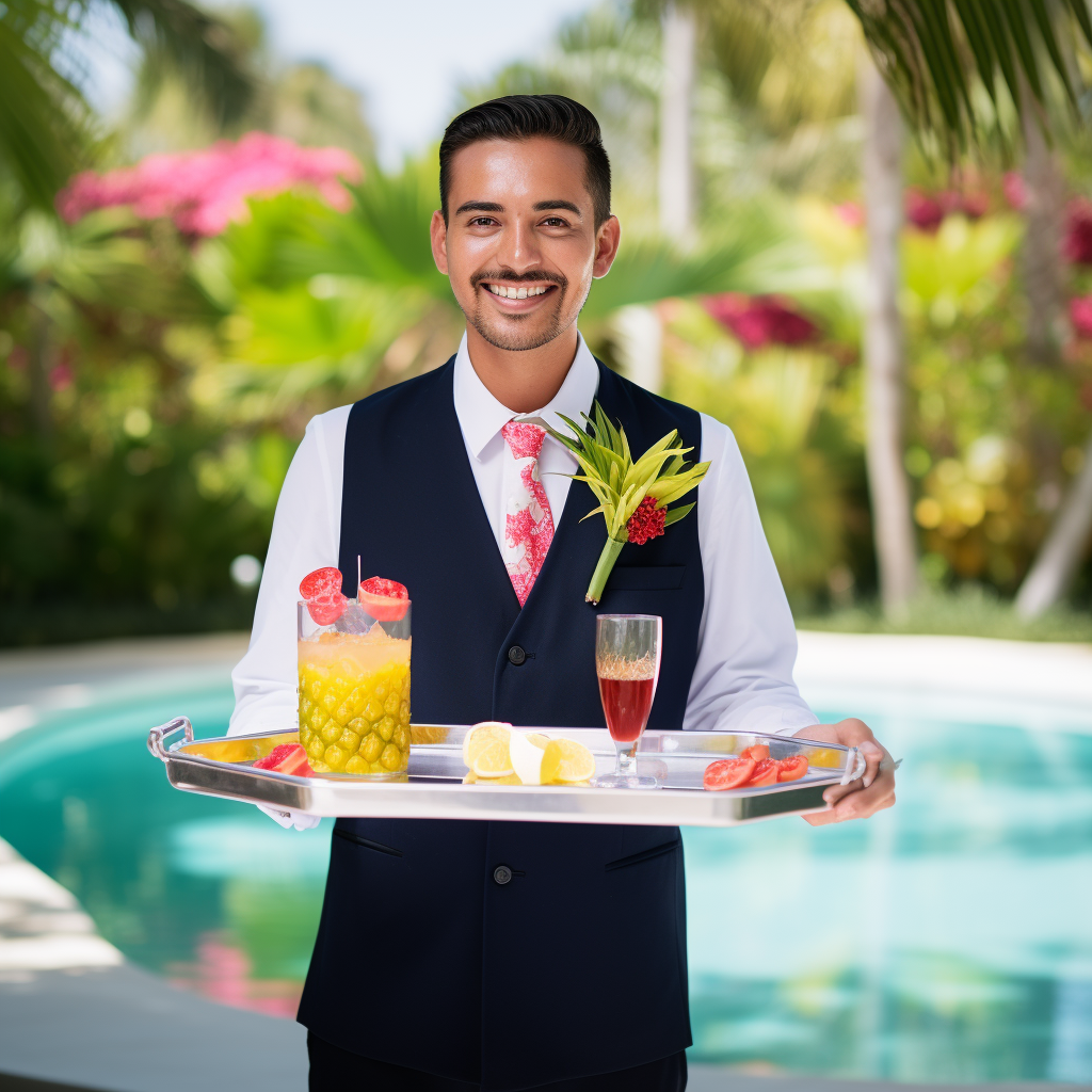 An image of a butler with a tray of food.